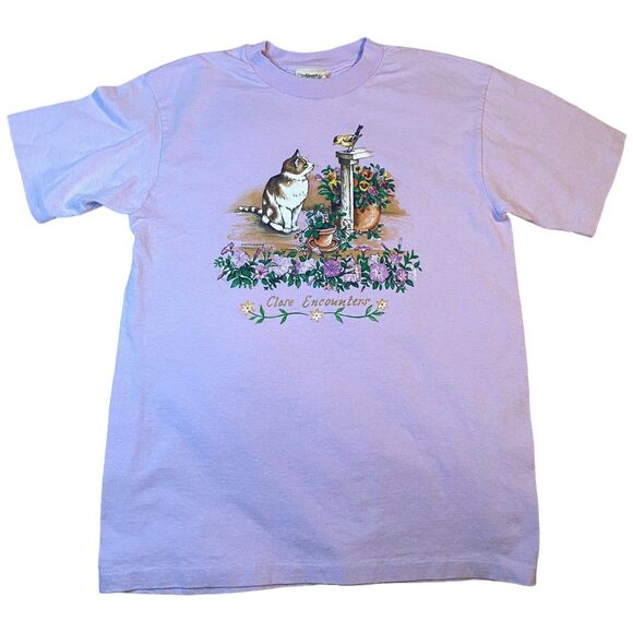 90s Ducks Unlimited Cat Bird Garden Tee M Ferragamo Graphic Lavender Cotton - Picture 4 of 10